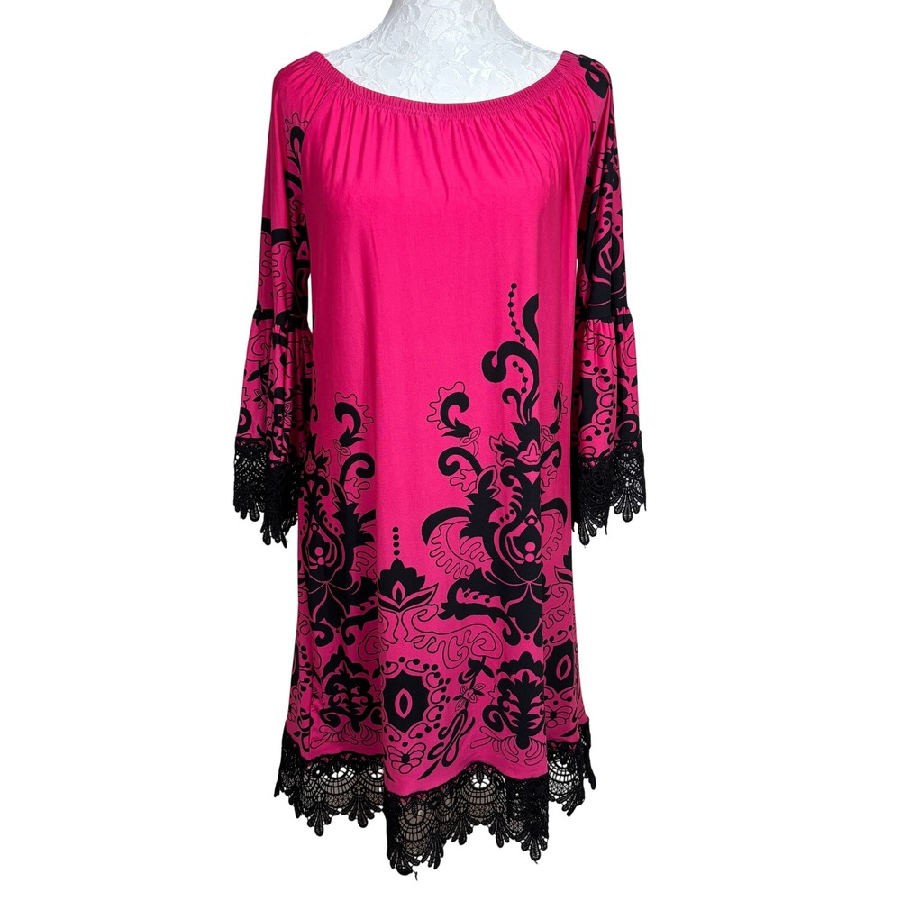 NWT White Mark Pink Baroque Damask Lace Trim Off Shoulder Shift Dress Womens XL